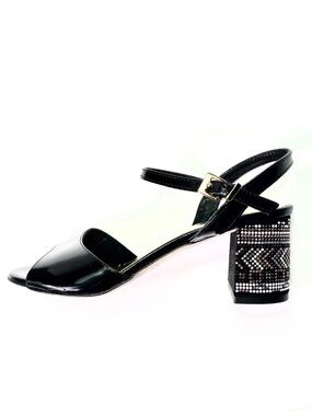 Patent leather sandals, embellished  stacked heel, metallic beads, Italian, NEW